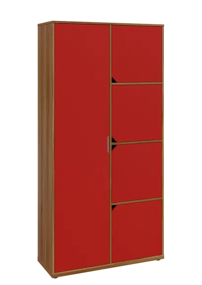 KSR6-82 L skříň šatní, 1x výsuvné ramínko, 4x dvířka, 2053x1022x400 mm, provedení levé, ořech světlý/červená